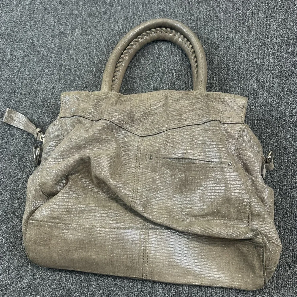B. Makowsky Y2K Metallic Champagne Leather Satchel Bag Large Leopard Rocker Hobo